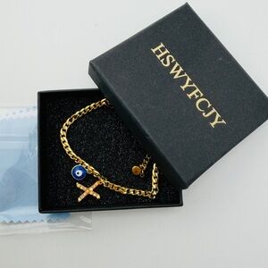 Gold Tone Evil Eye Ankle Bracelet Curb Chain NEW